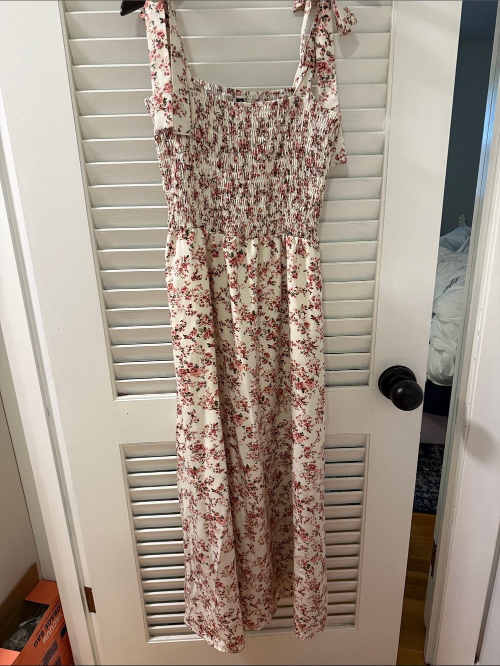 Amazon Cream Maxi Dress with Red Floral Print and Tie Straps
